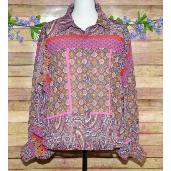 Ee:some Mixed Print Floral Boho Balloon Sleeve Button Front Blouse Size M - Picture 1 of 11